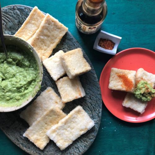 fried tofu with wasabi guacamole